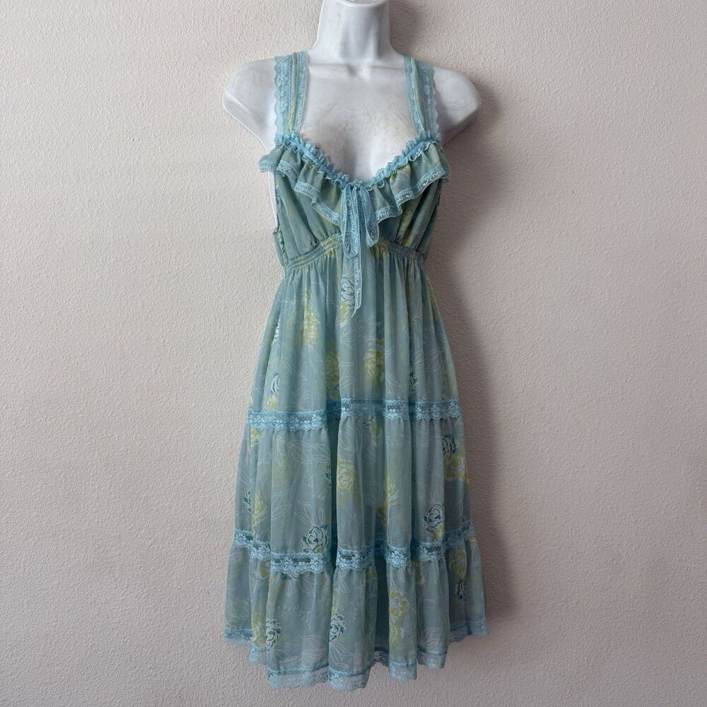 VTG Victoria's Secret Mesh Fairycore Babydoll Slip Dress Teal Lace Ruffle M Y2K